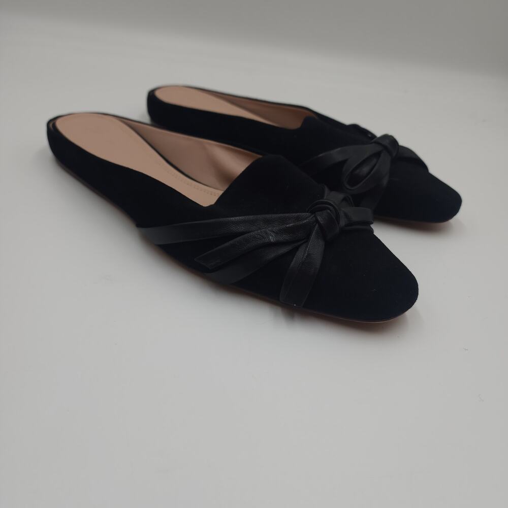 AD & Daughters Suede Flat Slides with Leather Bow in Black Size 9.5